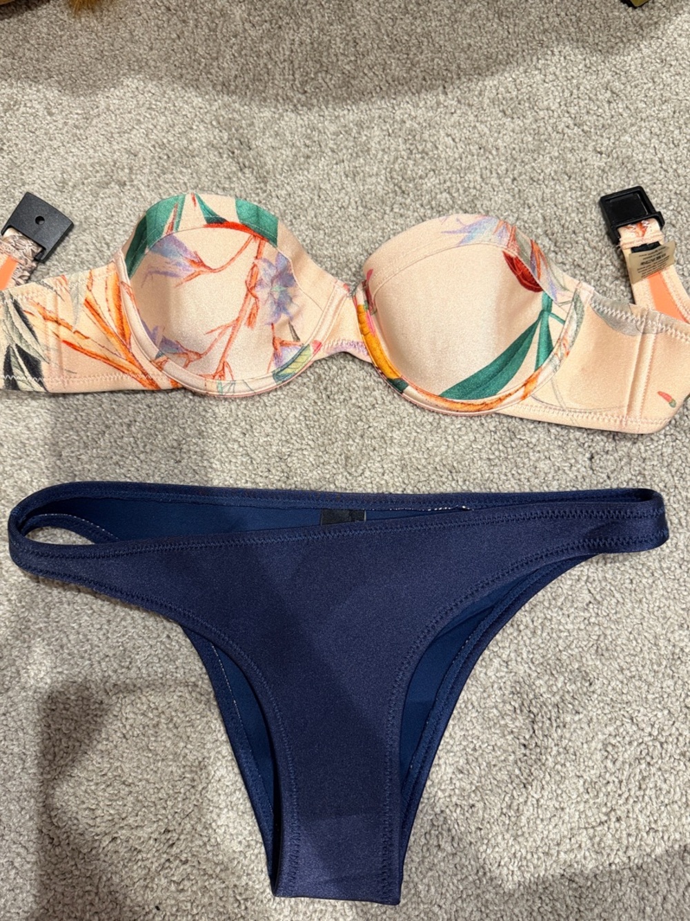 triangl swimwear Peach Floral Underwire Bikini Top with Navy Bottom